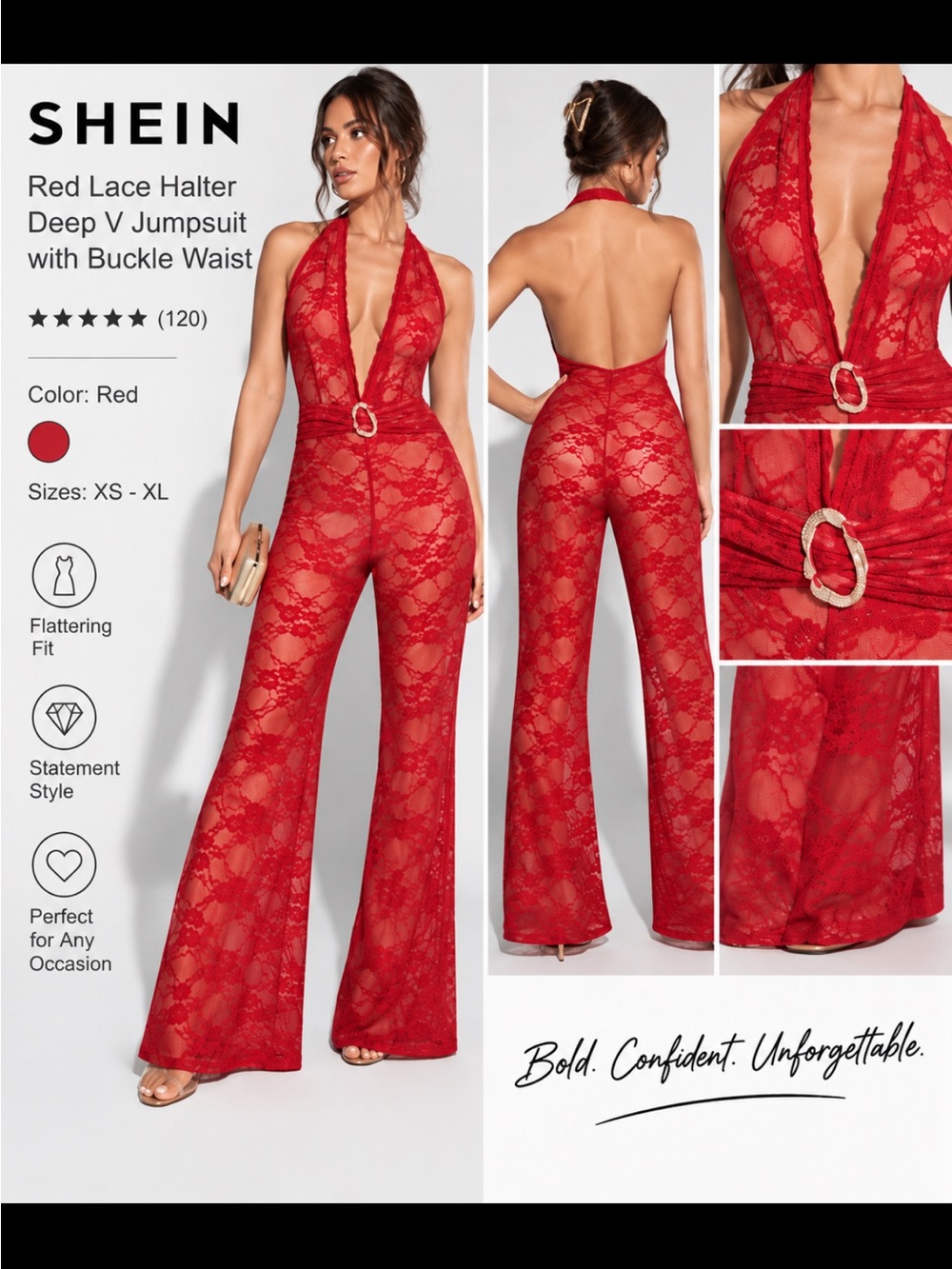 SHEIN Red Lace Halter Deep V Jumpsuit with Buckle Waist